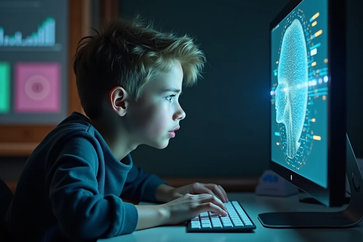 Jeune personne assise à un bureau regardant un écran lumineux avec réflexion de motifs neuronaux