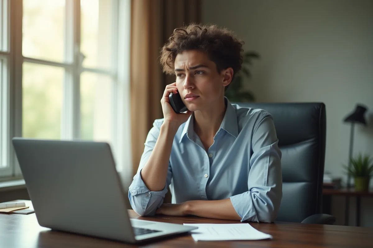 Jeune professionnel au bureau à domicile avec téléphone et email d'excuses