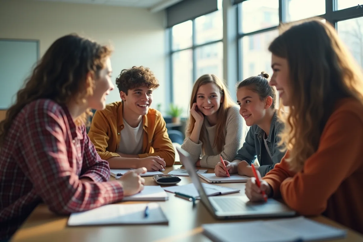 Groupe d'adolescents de 14 ans en discussion en classe lumineuse