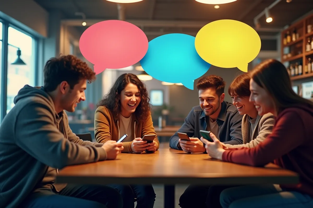 Jeunes divers riant autour d'une table dans un café moderne avec bulles de slang 2025