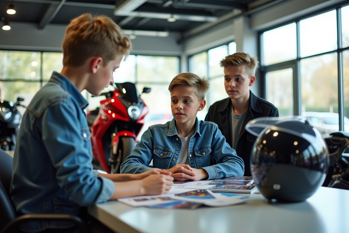 Deux adolescents de 14 ans comparant des motos dans un showroom lumineux