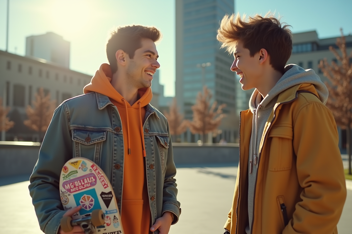 Deux jeunes discutant dans un skatepark ensoleille avec skateboard aux stickers et slang 2025