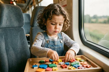 Petite fille de 4 ans jouant avec un puzzle en bois dans un train, assise près de la fenêtre avec un paysage qui défile