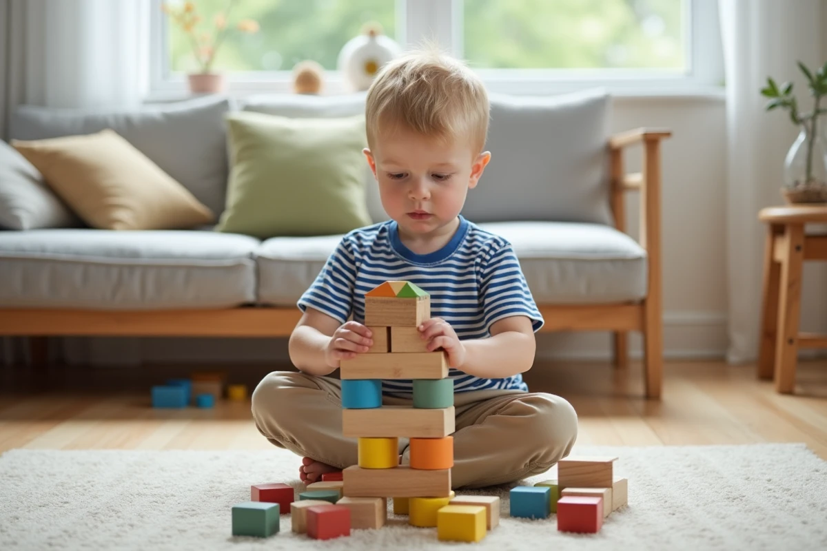 Garçon de 4 ans jouant avec des blocs de construction en bois, jeux de construction favorisant la créativité et la concentration
