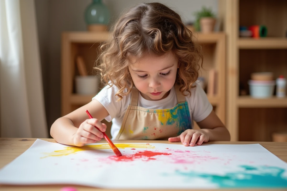 Petite fille de 4 ans concentrée sur une activité peinture créative à la maison, jeux enfants stimulant l'imagination