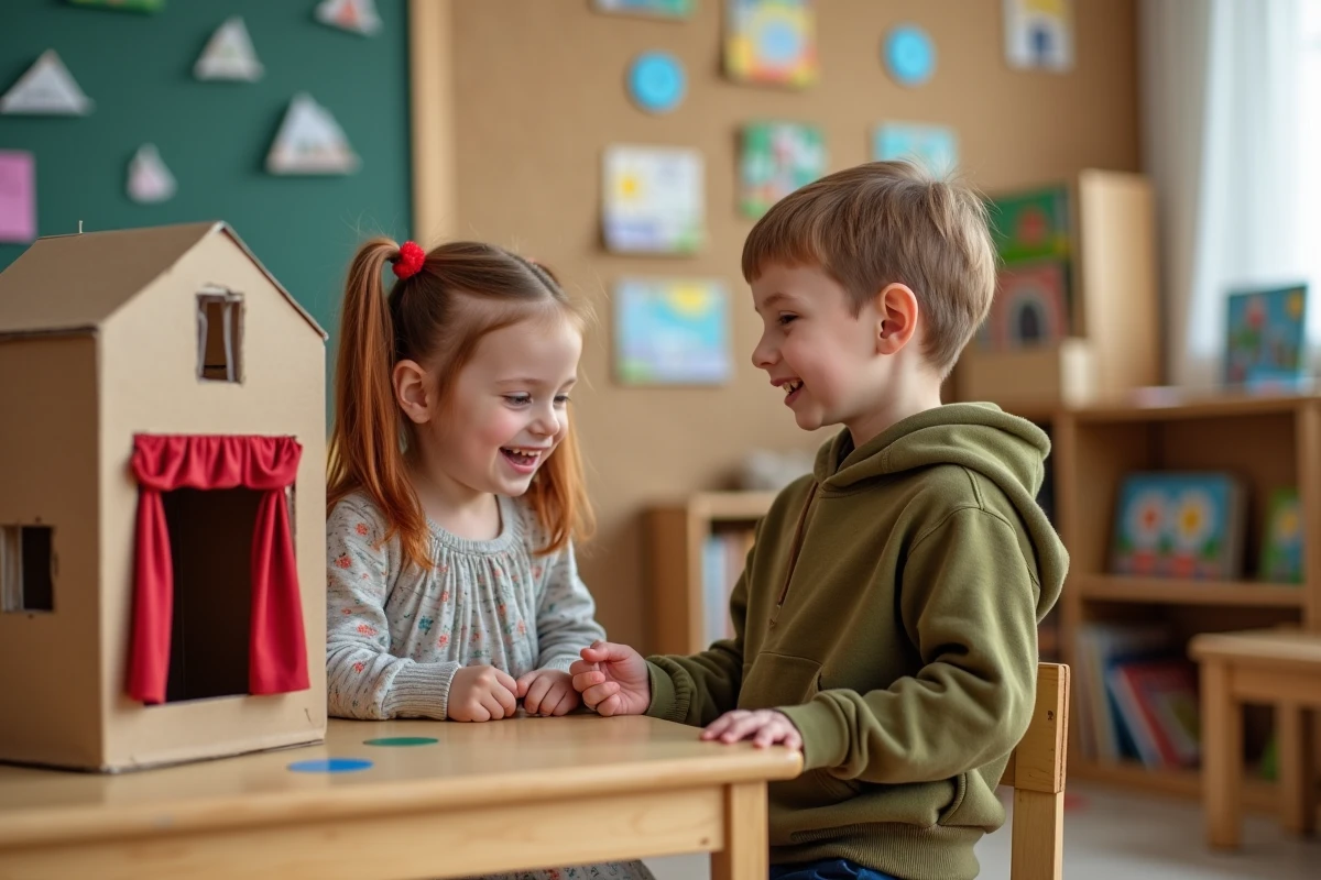 Deux enfants de 4 ans jouant avec un théâtre de marionnettes en carton en classe maternelle, jeux créatifs favorisant l'expression et l'imagination