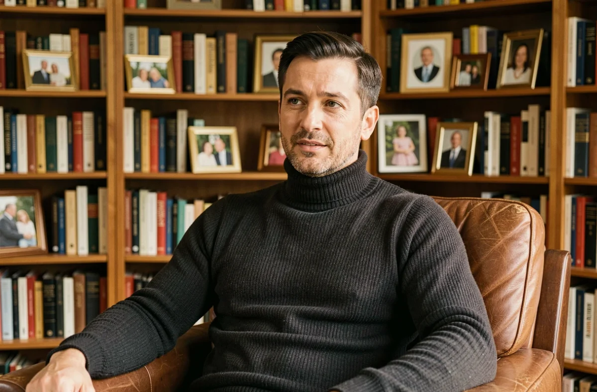 Journaliste français en pull col roulé dans une bibliothèque chaleureuse avec photos de famille, portrait intimiste évoquant les origines familiales