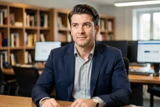 Portrait d'un journaliste français en blazer marine assis dans une salle de rédaction moderne, ambiance éditoriale professionnelle