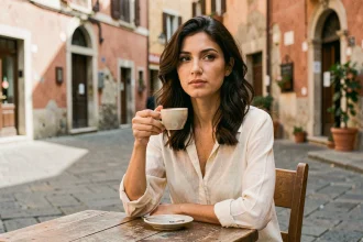 Jeune femme aux origines méditerranéennes attablée dans une piazza italienne avec un espresso, évoquant les racines italiennes de Kelly Vedovelli