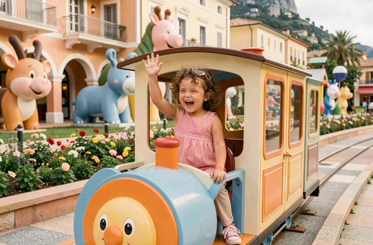 Petite fille souriante et agitant la main depuis un train miniature au parc Koaland à Menton