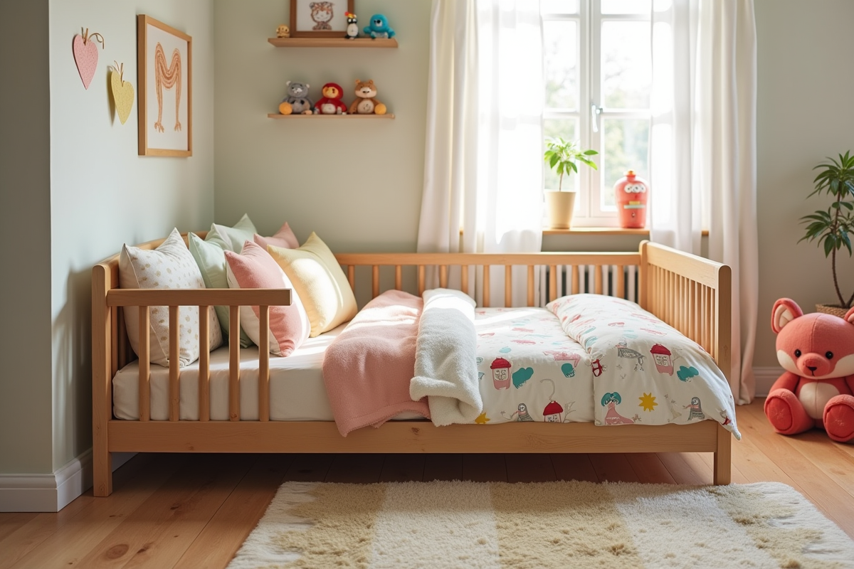 Lit au sol fabriqué à partir d un berceau recyclé avec literie colorée