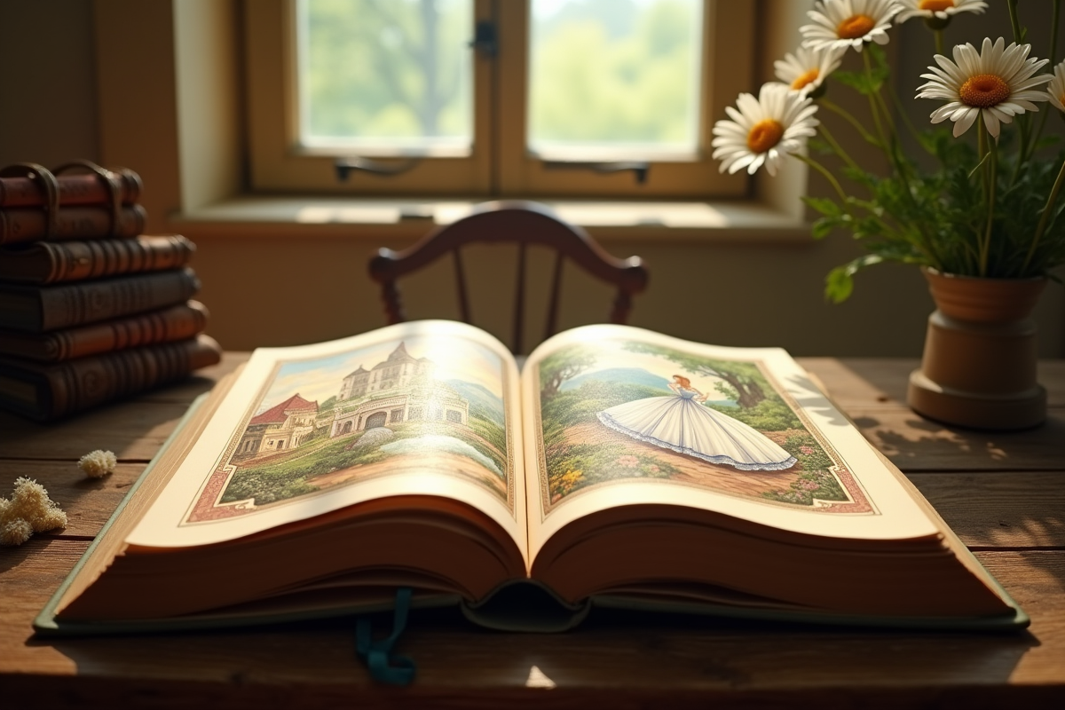 Livre de conte ouvert avec image de Cendrillon et fleurs sauvages