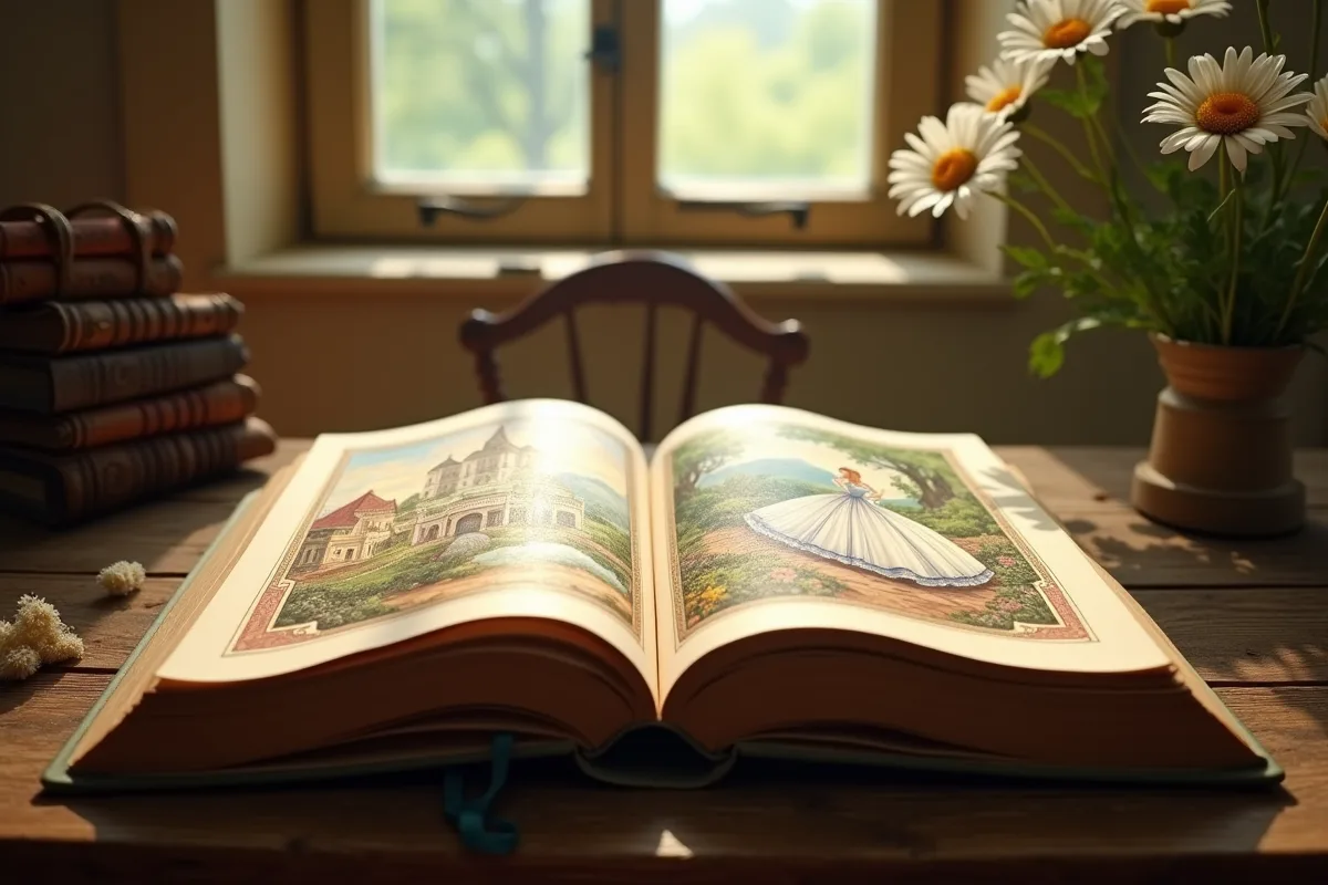 Livre de conte ouvert avec image de Cendrillon et fleurs sauvages