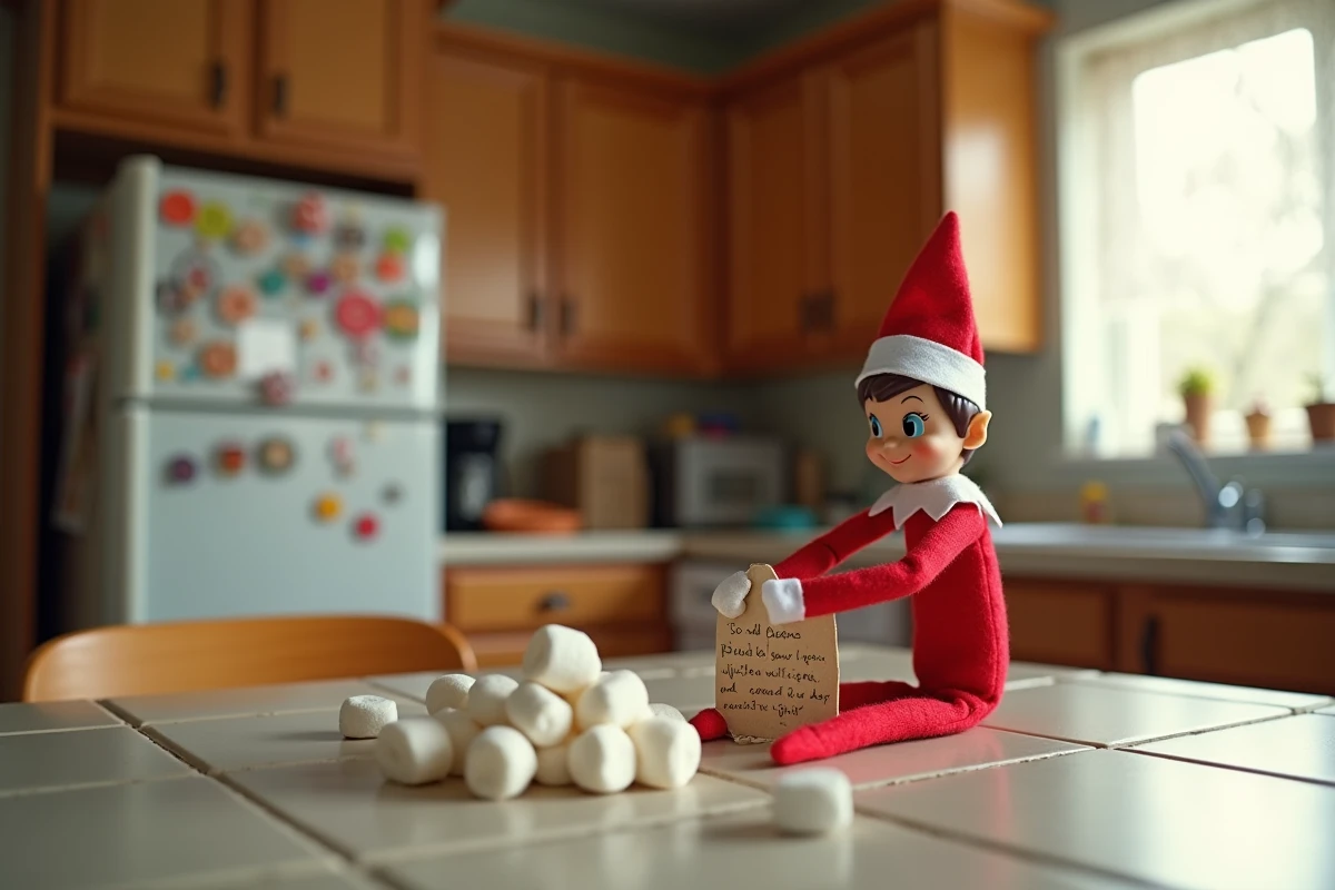 Lutin farceur posé sur un comptoir de cuisine entouré de mini marshmallows et d'un petit mot espiègle, ambiance matin de famille recomposée