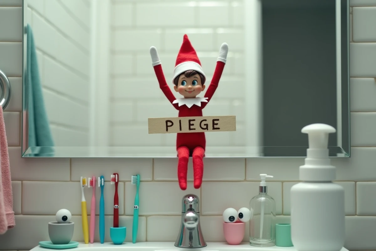 Lutin farceur juché sur l'armoire de toilette avec une banderole artisanale et des yeux googly collés sur le distributeur de savon, farce matinale en famille