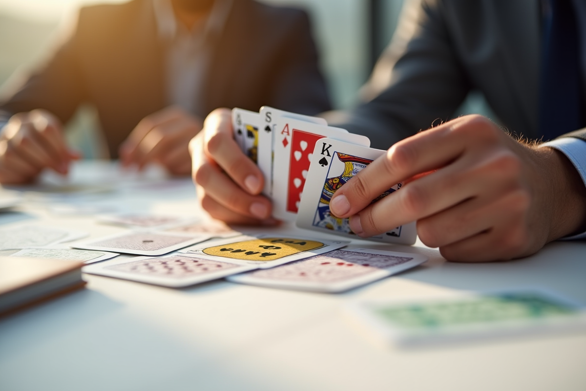 Mains mélangeant des cartes SkipBo sur une table blanche