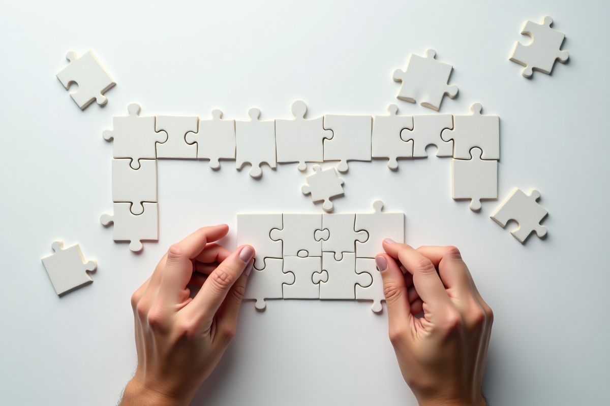 Mains manipulant des pièces de puzzle sur une surface blanche