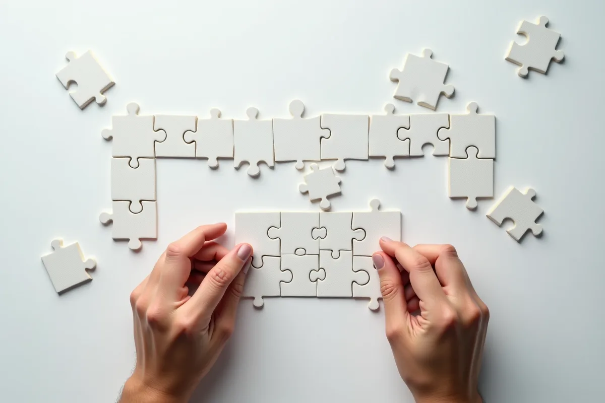Mains manipulant des pièces de puzzle sur une surface blanche