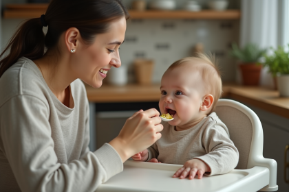 Maman donnant à manger à son bébé dans une cuisine chaleureuse