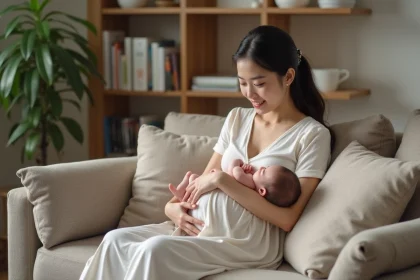 Jeune maman avec son b&eacute;b&eacute; dans un salon chaleureux