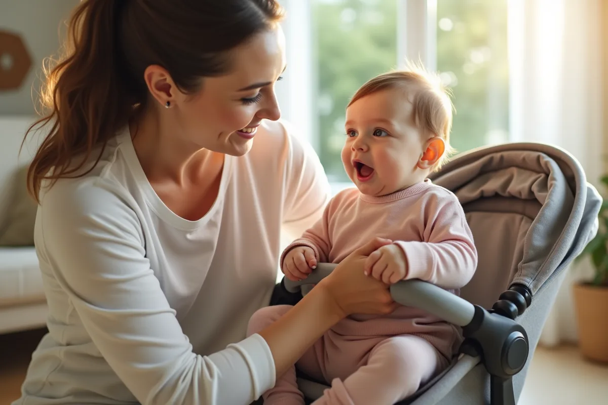 Maman souriante plaçant son bébé dans une poussette moderne
