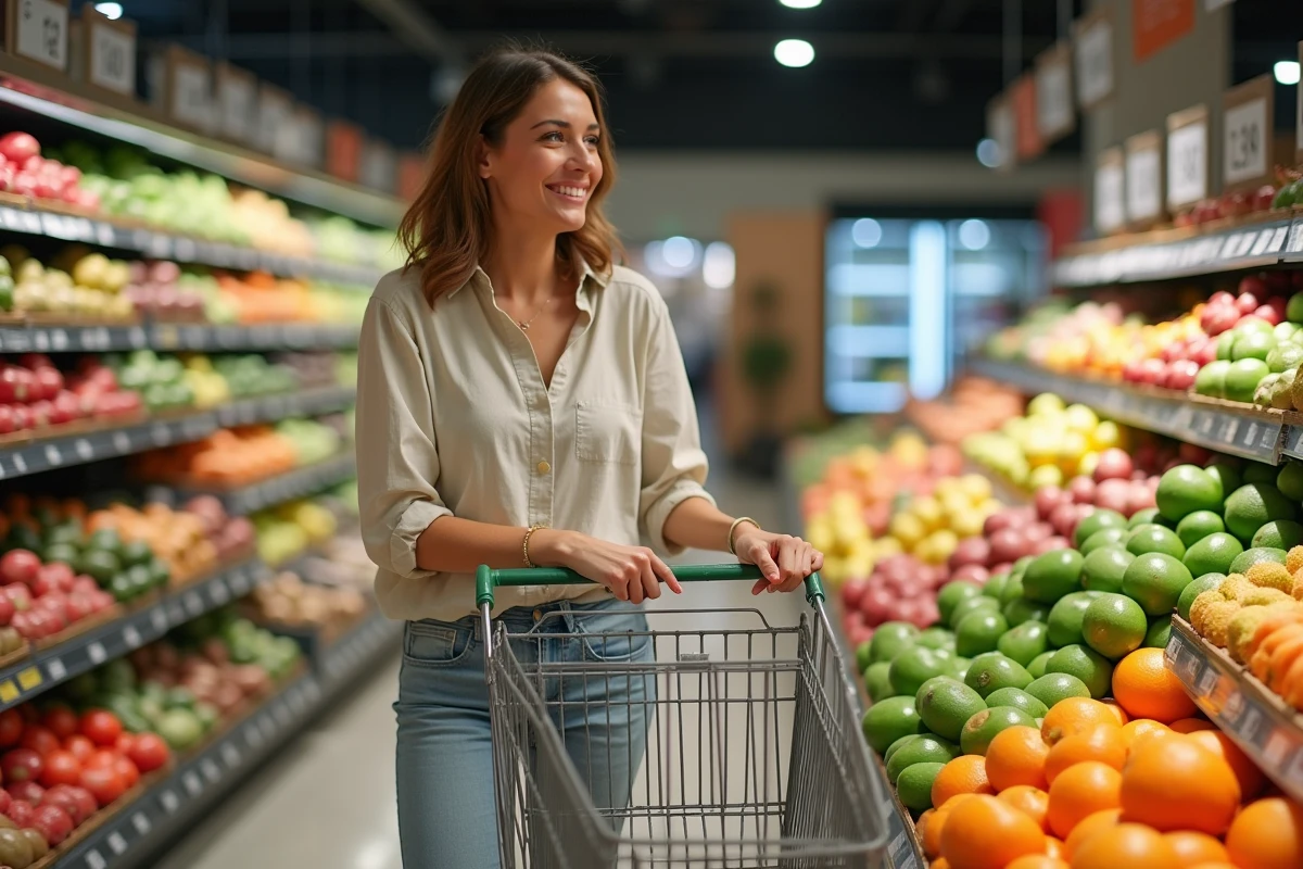 Maman souriante faisant ses courses le week-end dans un rayon de fruits et légumes colorés