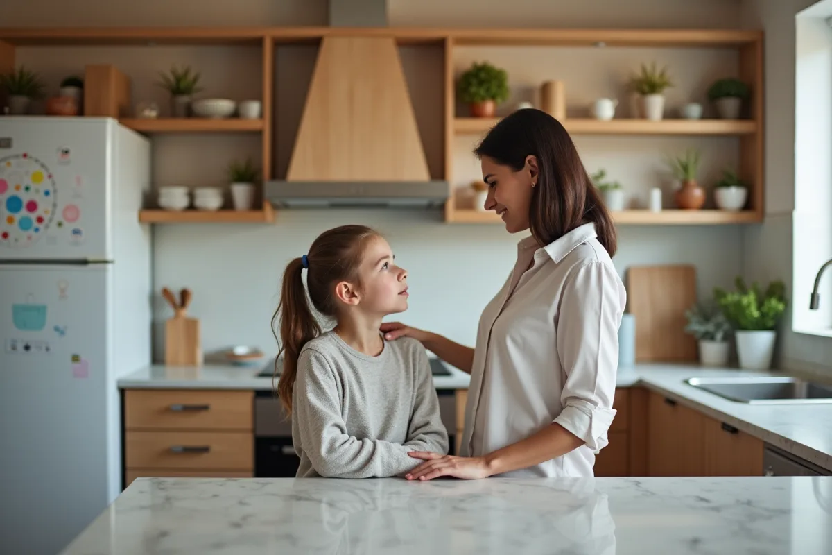 Mère et fille discutant dans la cuisine lumineuse