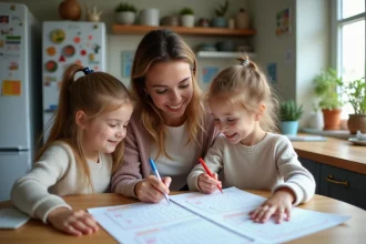 Maman avec ses enfants regardant un calendrier scolaire