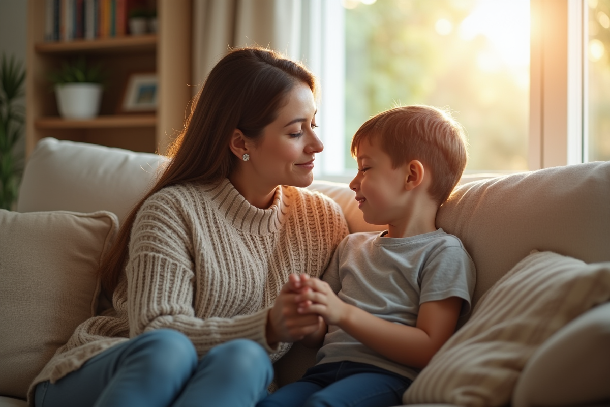 Mère et enfant assis ensemble dans un salon lumineux