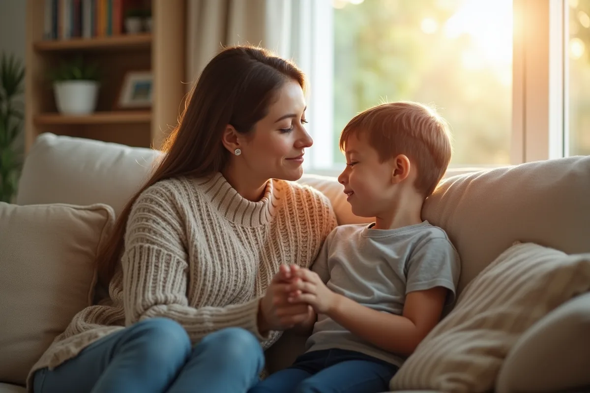 Mère et enfant assis ensemble dans un salon lumineux