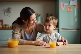 Maman et son enfant discutent dans la cuisine chaleureuse