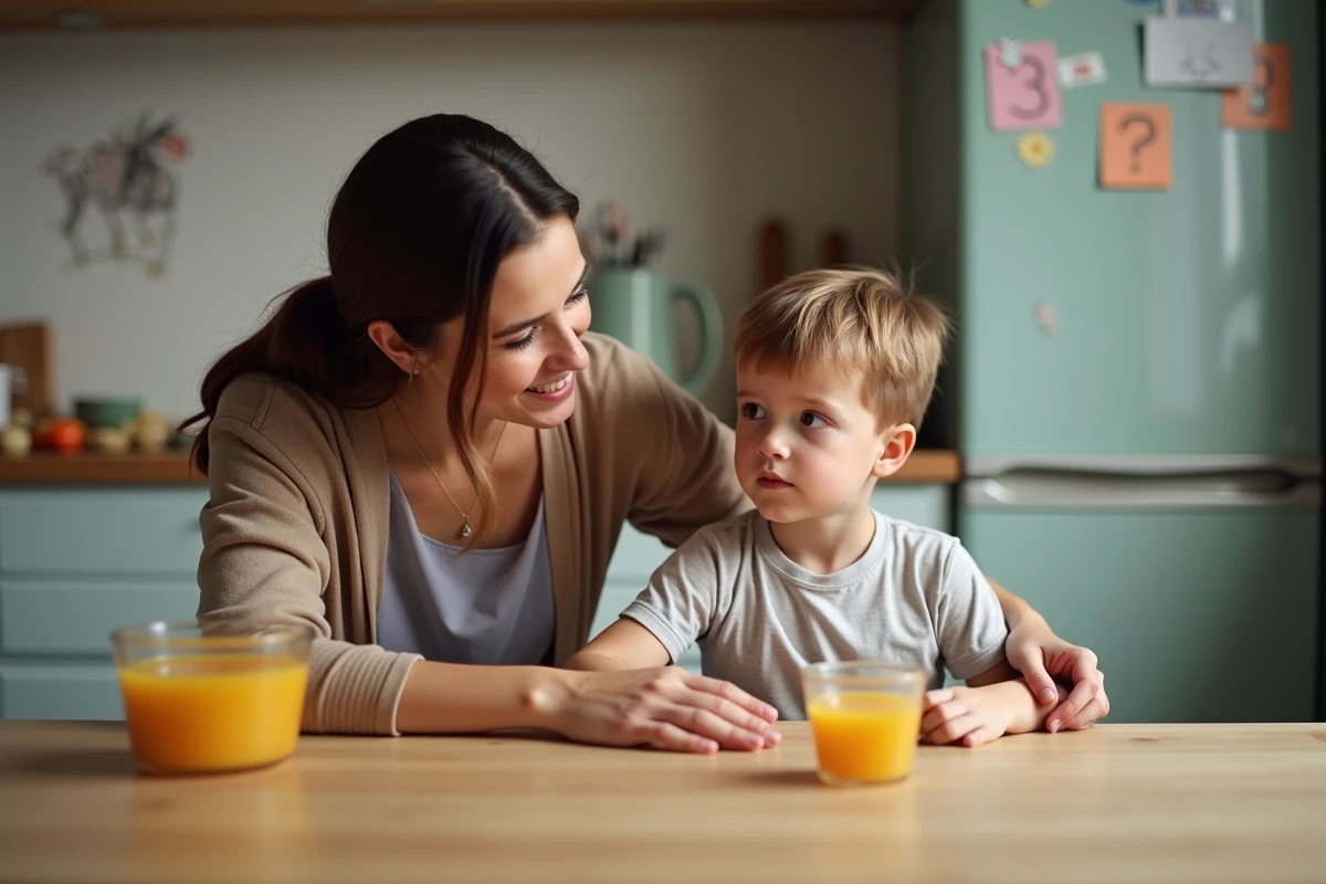 Maman et son enfant discutent dans la cuisine chaleureuse