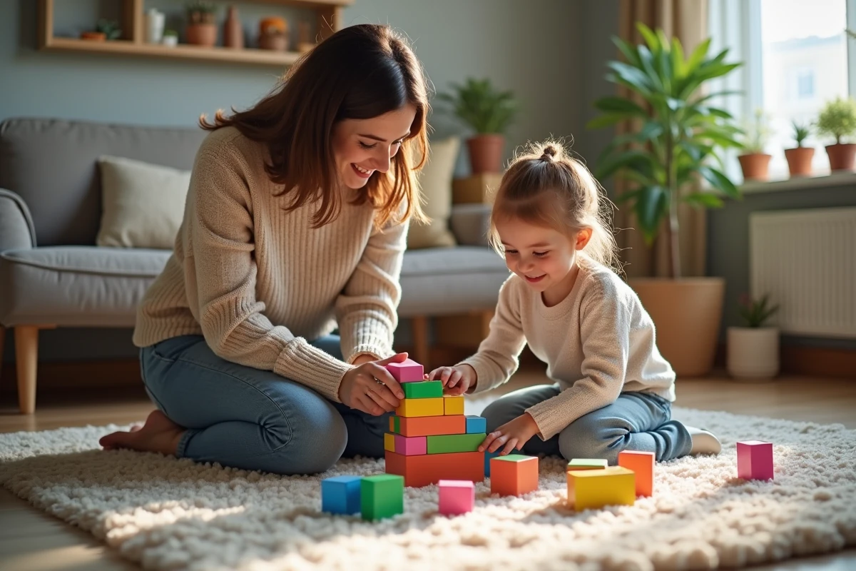 Maman et fille construisent une tour de blocs colorés