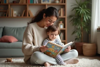 Maman et son enfant lisant un livre coloré à la maison