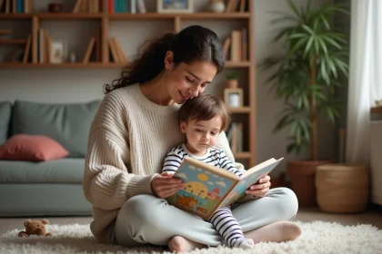 Maman et son enfant lisant un livre color&eacute; &agrave; la maison