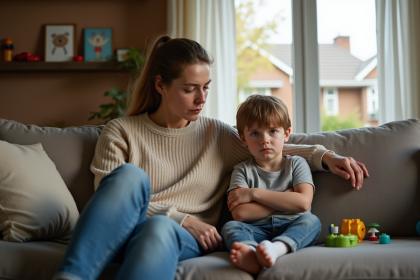 Mère fatiguée avec son enfant rebelle sur le canapé