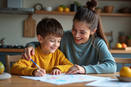 Maman et son fils faisant leurs devoirs à la maison