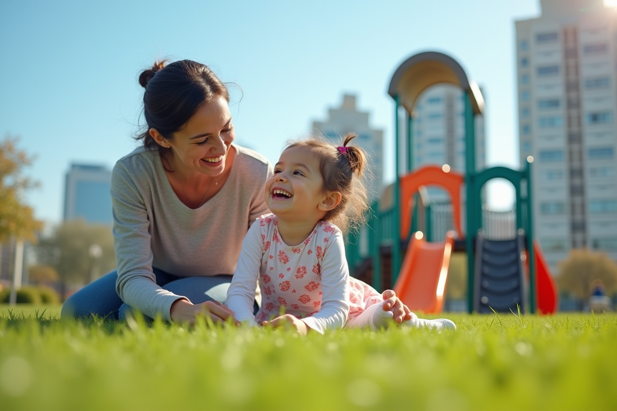 Mère et fille jouent dans un parc en plein air ensoleillé