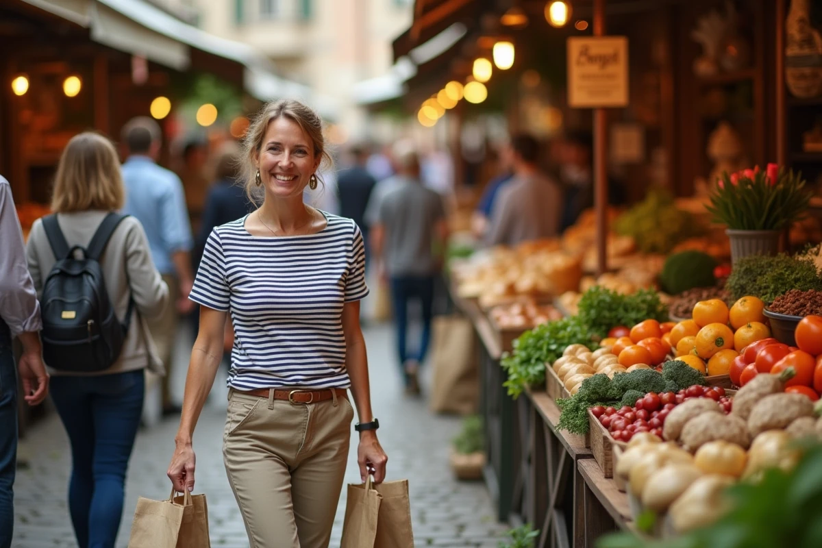 Femme tenant des sacs réutilisables dans un marché de plein air animé le samedi matin