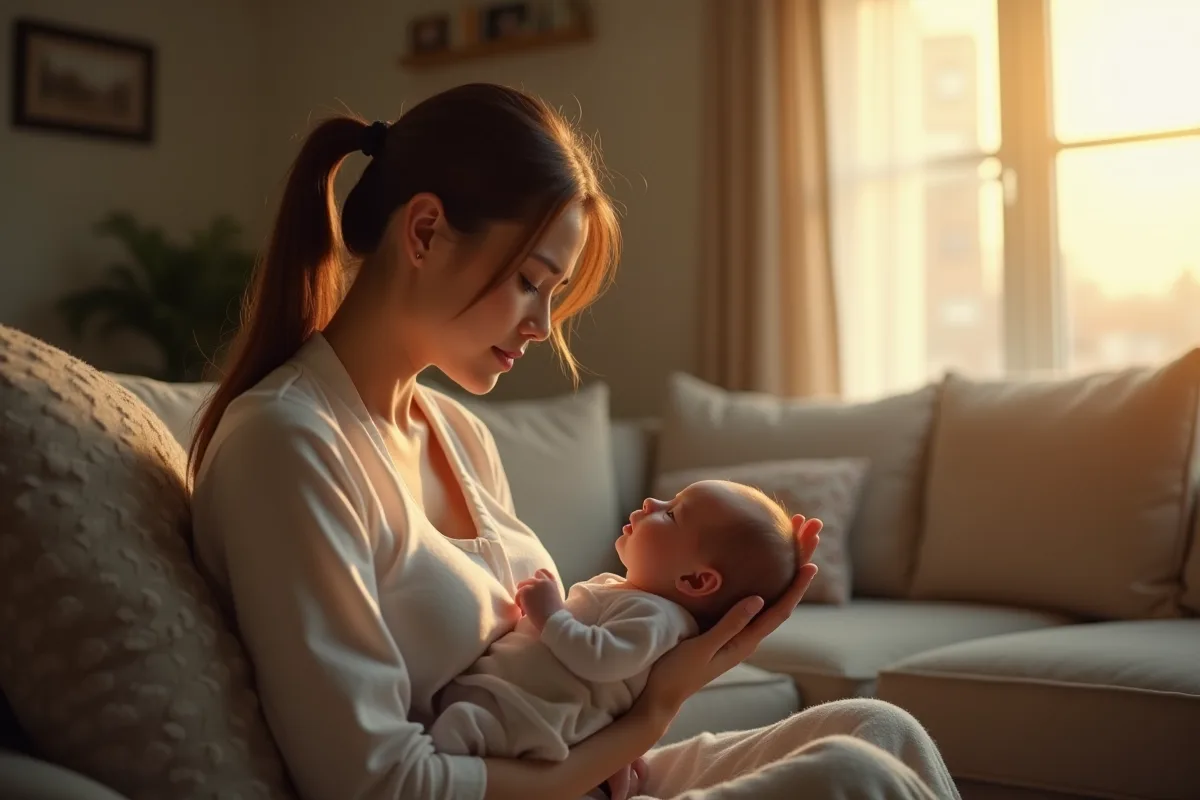 Jeune maman fatiguée tenant son bébé dans un salon lumineux