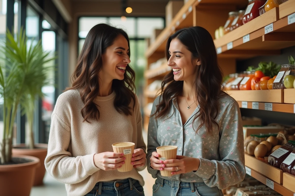 Deux amies comparant des produits bio en riant dans une épicerie naturelle le week-end