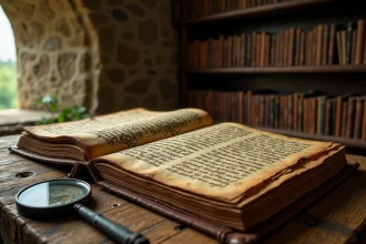 Manuscrit médiéval enluminé ouvert sur une table en chêne, avec des enluminures celtiques et des inscriptions anciennes évoquant les légendes arthuriennes