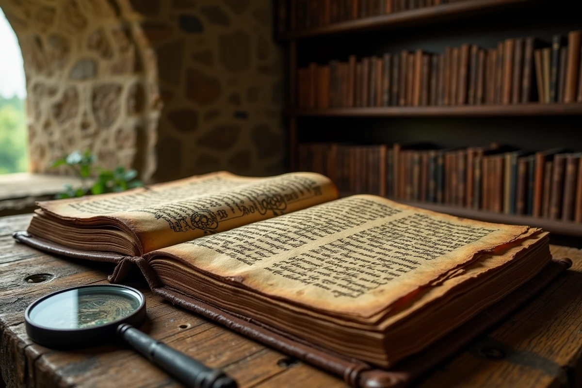 Manuscrit médiéval enluminé ouvert sur une table en chêne, avec des enluminures celtiques et des inscriptions anciennes évoquant les légendes arthuriennes