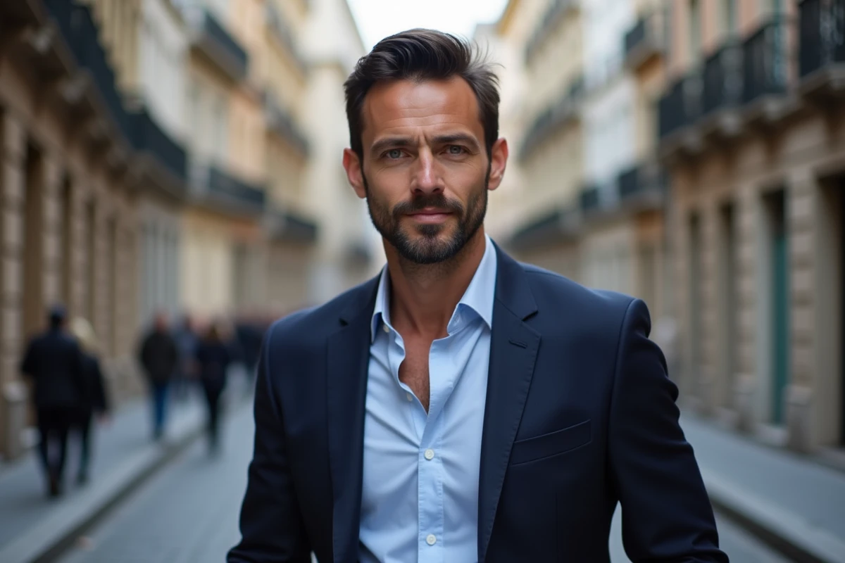 Homme élégant en costume marine dans une rue européenne, portrait illustrant les spéculations sur le mari de Noémie Wira