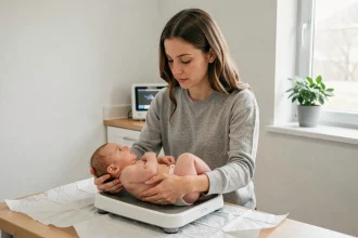 Mère tenant son bébé sur une balance pédiatrique lors d'une consultation chez le médecin