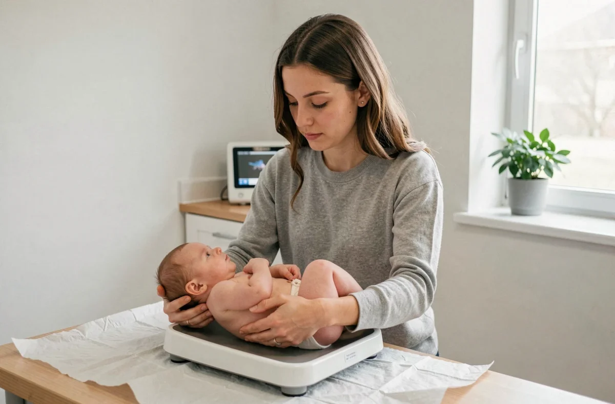 Mère tenant son bébé sur une balance pédiatrique lors d'une consultation chez le médecin