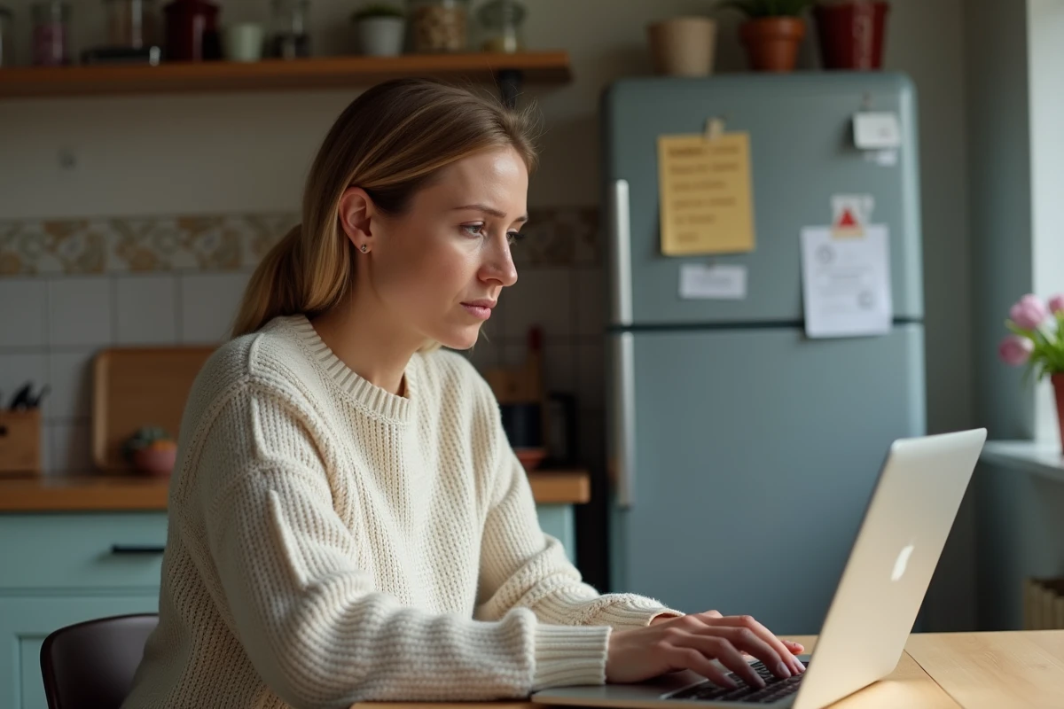 Mère d'élève préoccupée consultant le site maficheclasse.com sur son ordinateur portable dans sa cuisine