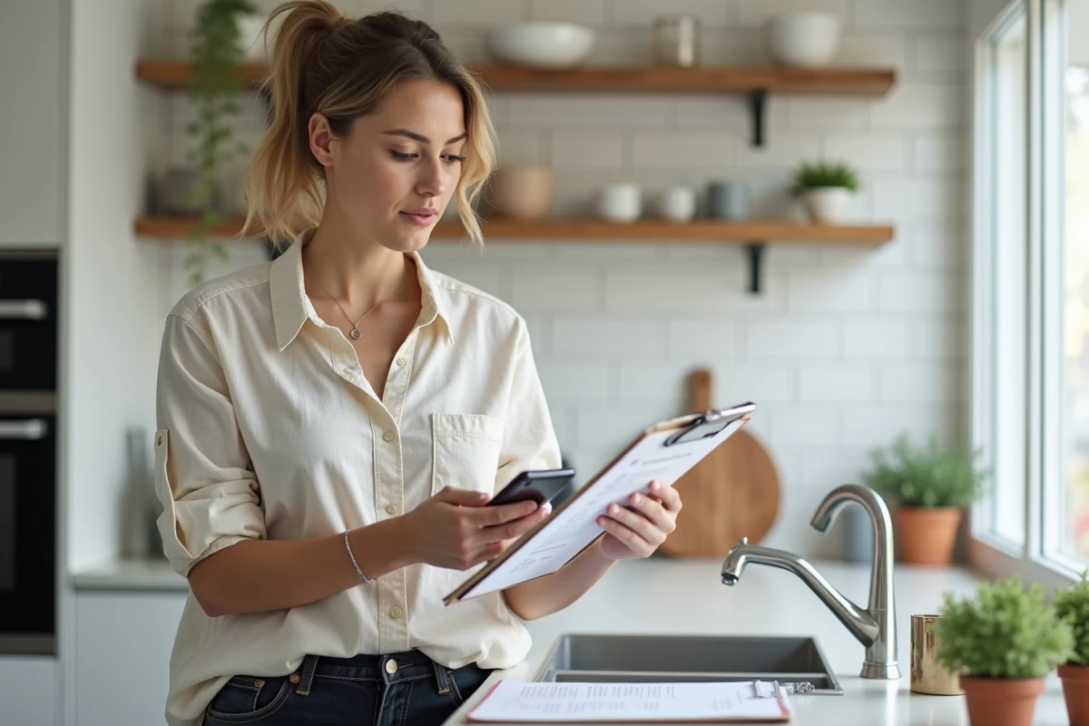Mère de famille évaluant des options de garde d'enfants avec une checklist dans sa cuisine moderne