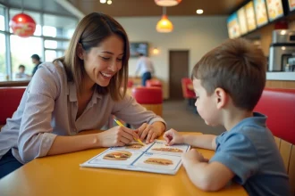 Une mère et son fils consultent le menu Happy Meal dans un restaurant McDonald's en 2026