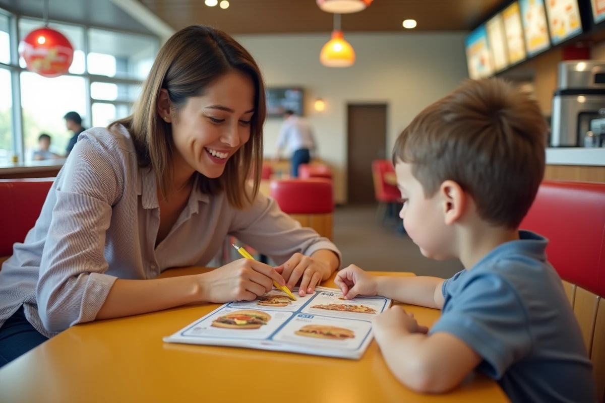 Une mère et son fils consultent le menu Happy Meal dans un restaurant McDonald's en 2026